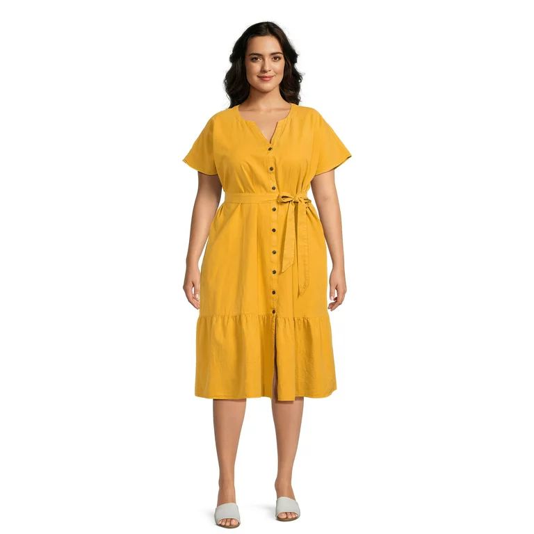 Terra & Sky Women's Plus Size Midi Shirt Dress with Ruffle Hem | Walmart (US)