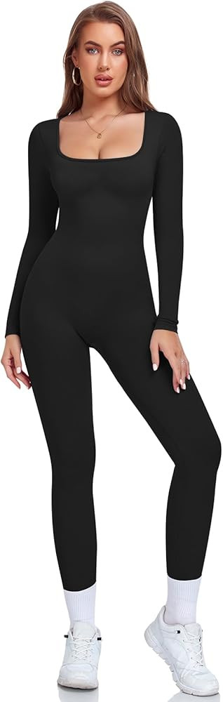 KIKIMINK Long Sleeve Workout Jumpsuit for Women Tummy Control Square Neck Ribbed Yoga Bodysuit Bo... | Amazon (US)