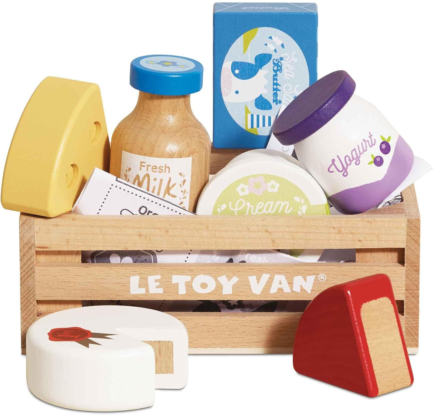 Le Toy Van Wooden Eggs & Dairy Toy Crate with Pretend Milk and Cheese Role Play Food Shopping | Amazon (UK)