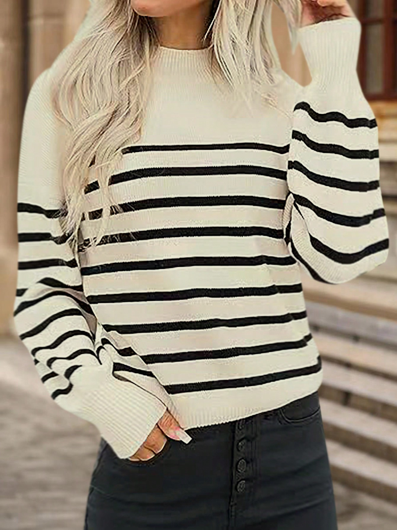 Striped Pattern Mock Neck Drop Shoulder Sweater | SHEIN