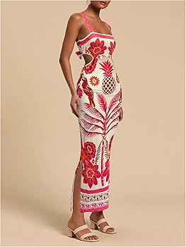 Floerns Women's Tropical Bow Tie Back Long Dress Sleeveless Split Vacation Maxi Dress | Amazon (US)