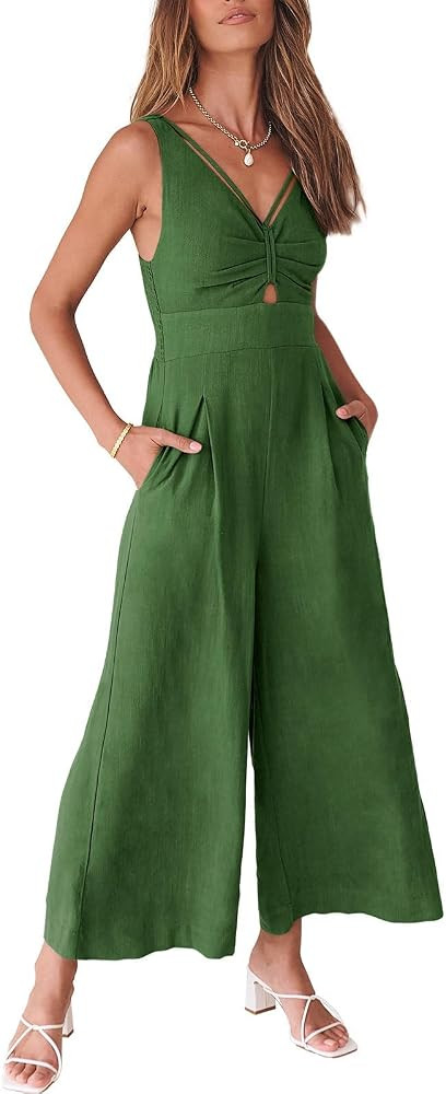 ANRABESS Womens Jumpsuits Summer Linen Wide Leg Sleeveless V Neck Casual Dressy Rompers Pants 202... | Amazon (US)
