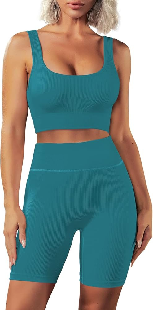 Yanekop Womens 2 Piece Ribbed Seamless Yoga Sets Crop Tank High Waist Shorts Leggings Outfits Workou | Amazon (US)