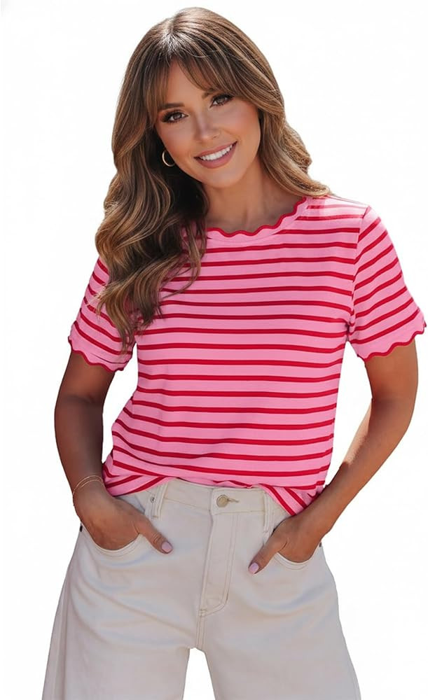LALAGEN Womens Summer Tops Red Stripe Scalloped Trim Round Neck T Shirt | Amazon (US)