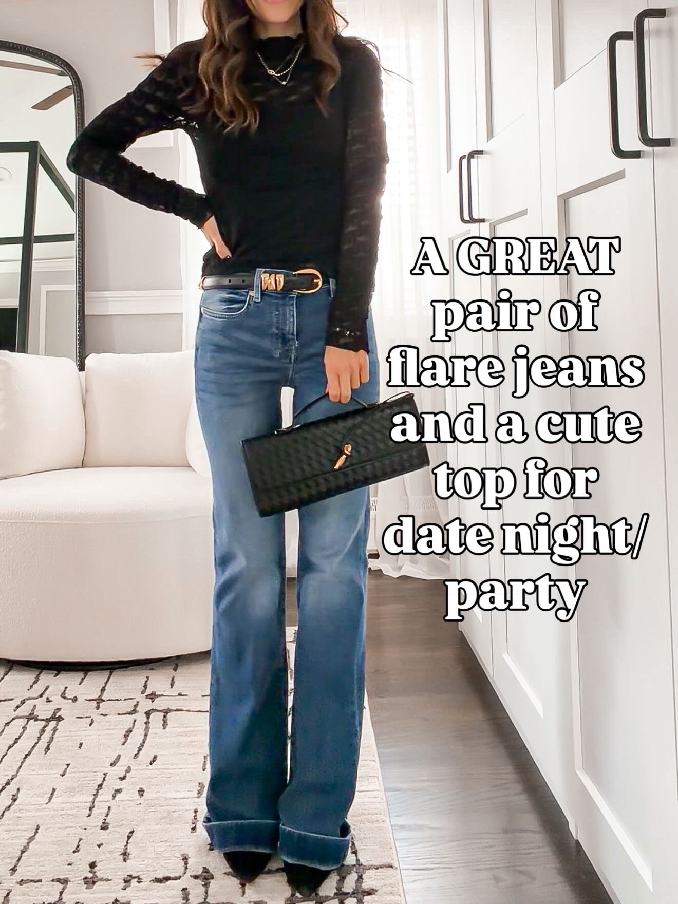 A great pair of flare jeans + a cute top = the easiest date night or party outfit 🙌🏻
So flattering and so easy. Size down in jeans. They have so much stretch 

#LTKHoliday #LTKOver40 #LTKGiftGuide