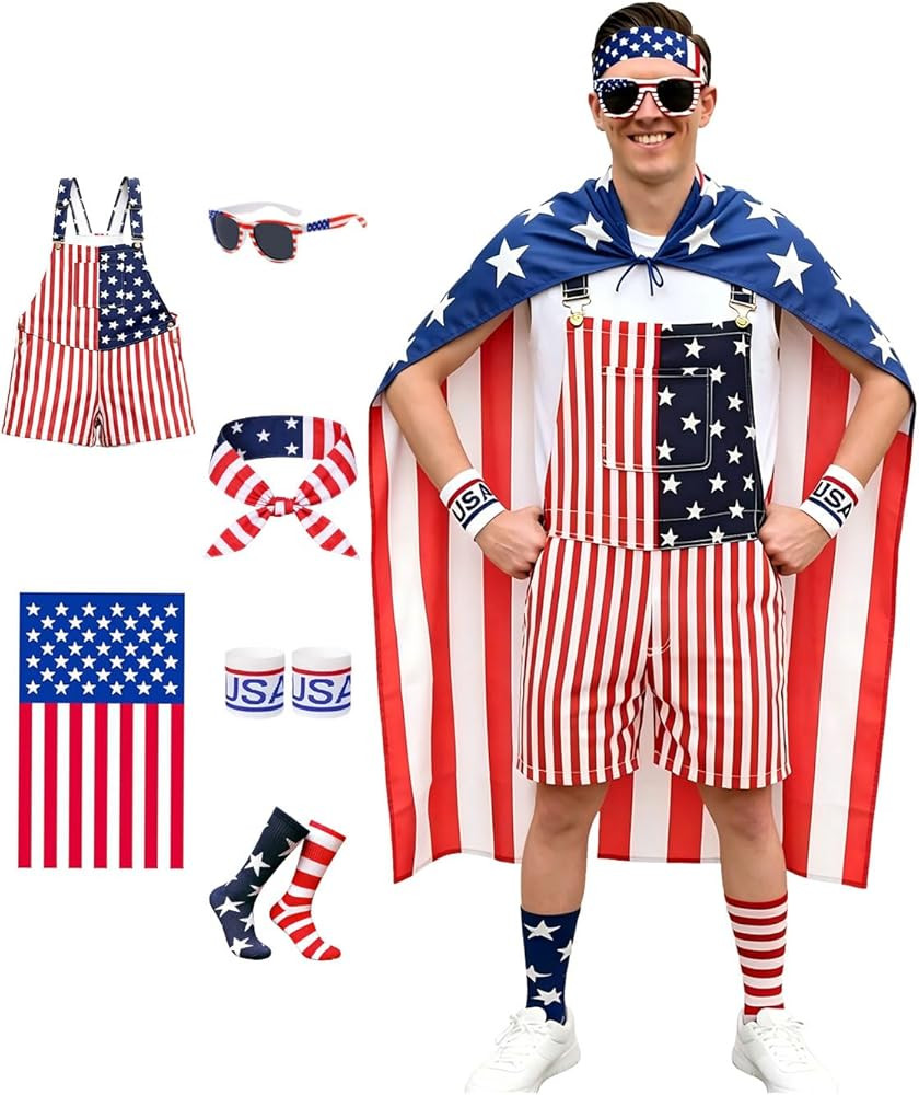 American Flag Overalls Men 4th of July Outfits Costume Unisex with Red White Blue Accessories Pat... | Amazon (US)