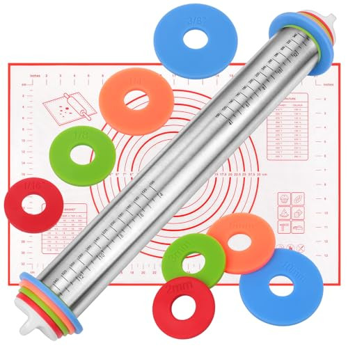 Rolling Pin with Thickness Rings and Red Silicone Baking Mat, Adjustable Stainless Steel Rolling Pins for Pasta or Sugar Decorating Cookies, Bread Making Tools Fondant Roller for Dough, Dumpling | Amazon (US)