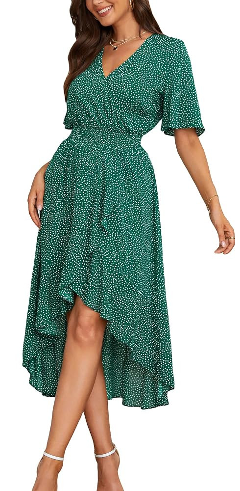 Kormei Womens Short Sleeve Floral Maxi Dress High Low V-Neck Flowy Party Long Dresses | Amazon (US)