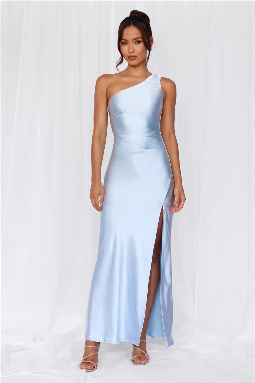 The Aurora One Shoulder Satin Maxi Dress Blue | Hello Molly (AU)