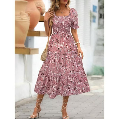 Women's Floral Puff Sleeve Tiered Dress Square Neck A Line Spring Midi Dresses,pink flowers,Large | Target