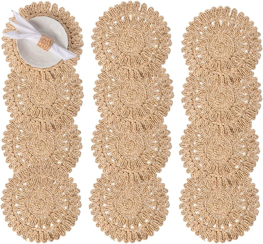 13.8" Set of 12 Round Corn Husk Placemats | Boho Woven Rattan Table Mats | Farmhouse Wicker Sprin... | Amazon (US)
