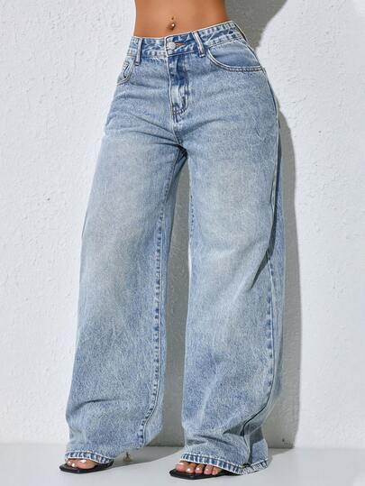Low Waist Wide Leg Casual Blue Distressed Slant Pocket Curved Hem Women Jeans, Autumn Spring | SHEIN
