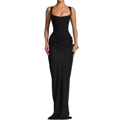 ABYOVRT Women Wedding Guest Dress Corset Bodycon Ruched Lace Up Back Maxi Dresses Formal Party | Amazon (US)