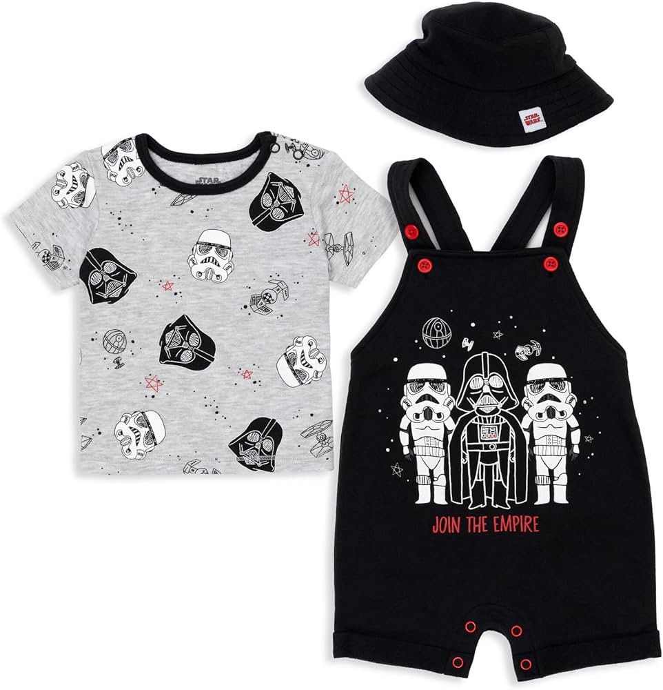 STAR WARS Chewbacca R2-D2 Yoda Baby French Terry Short Overalls T-Shirt and Hat 3 Piece Outfit Se... | Amazon (US)
