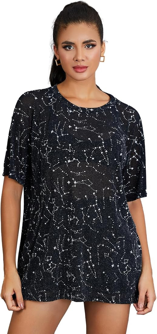 WDIRARA Women's Glitter Sheer See Through Short Sleeve Mesh Top Tee Blouse | Amazon (US)