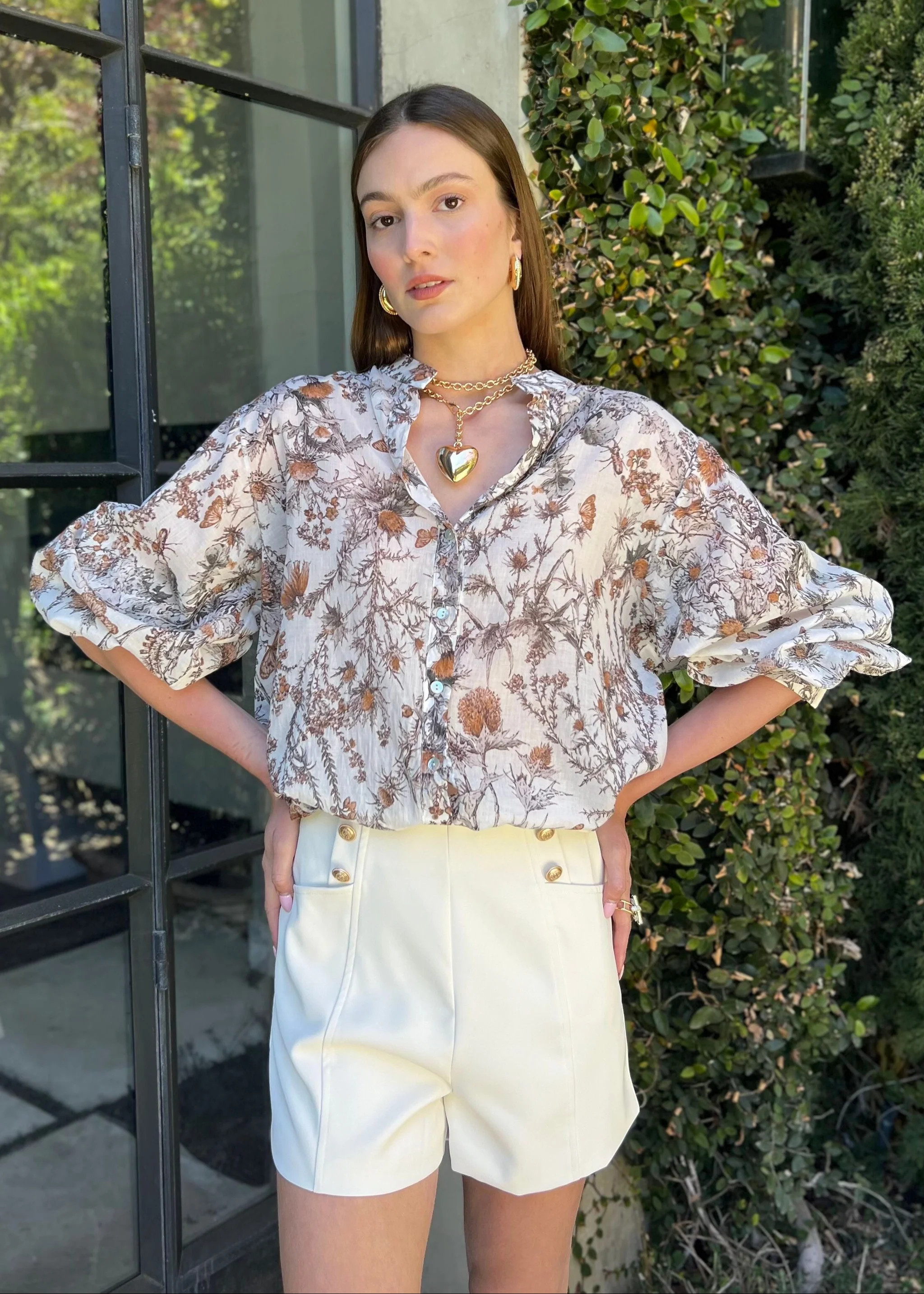 Kieran High Rise A-Line Shorts with Gold Buttons - Ecru | Benaar La