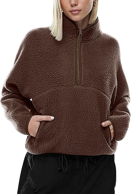 LASLULU Womens Half Zip Pullover Cropped Sweatshirts Sherpa Fleece Jacket Fuzzy Sweaters Cute Win... | Amazon (US)