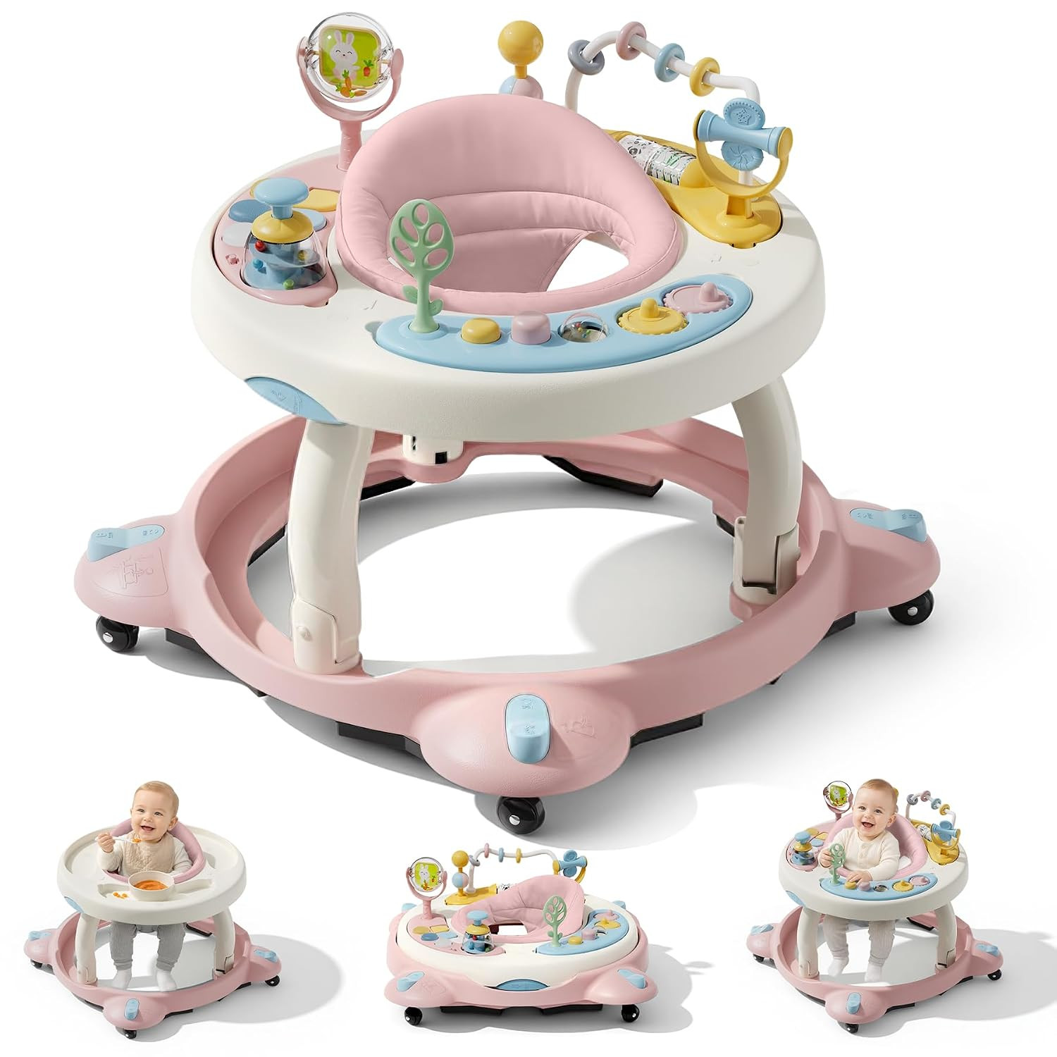 Baby Walker with Wheels, Foldable Baby Walker for Baby 6-12 Months, 3-Position Rotating Seat with Interactive Activity Center, Music Buttons, Baby Walkers for Boys Girls(Pink) | Amazon (US)