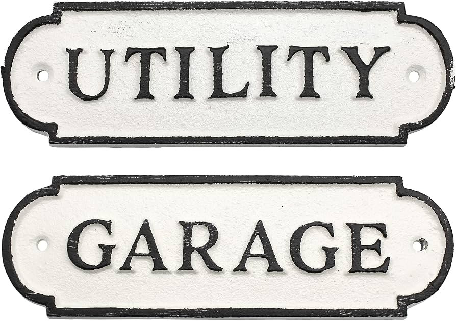 AuldHome Design Cast Iron Garage/Utility Signs (Set of 2); Black and White Rustic Room Signs | Amazon (US)