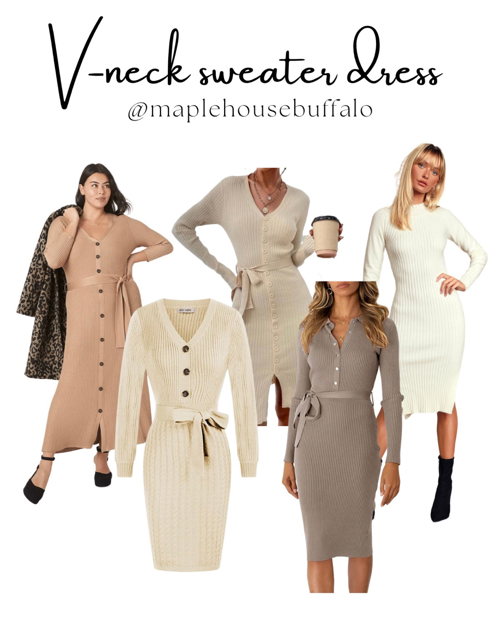 Beige, v-neck sweater dresses for all body types - (all regular except for dress all the way to the left, which is plus size) - cream mock turtleneck sweater dress to the far right is bump friendly / maternity as well 

#LTKcurves #LTKstyletip #LTKunder50