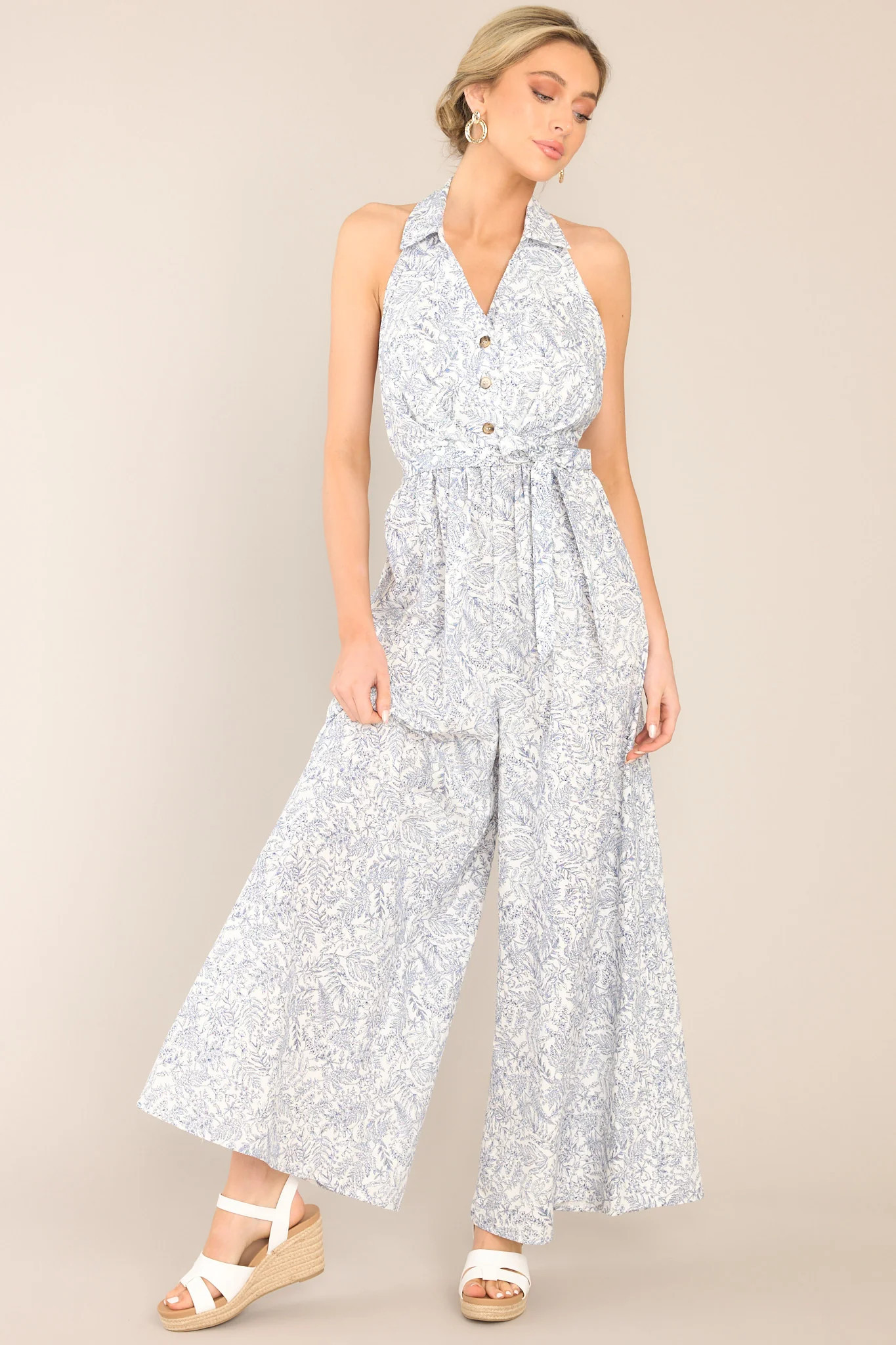 Whispering Breeze White & Navy Print Jumpsuit | Red Dress