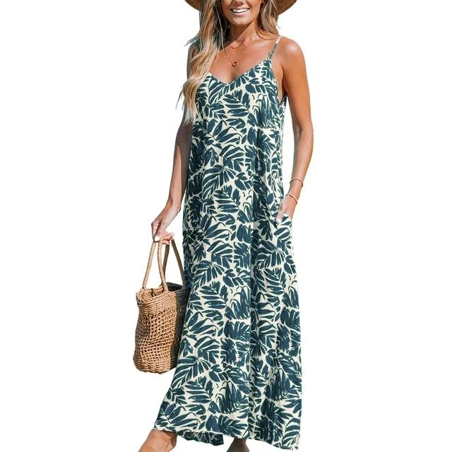 CUPSHE Women's V Neck Beach Maxi Dress Spaghetti Straps Sleeveless Flowing Summer Dresses with Po... | Walmart (US)