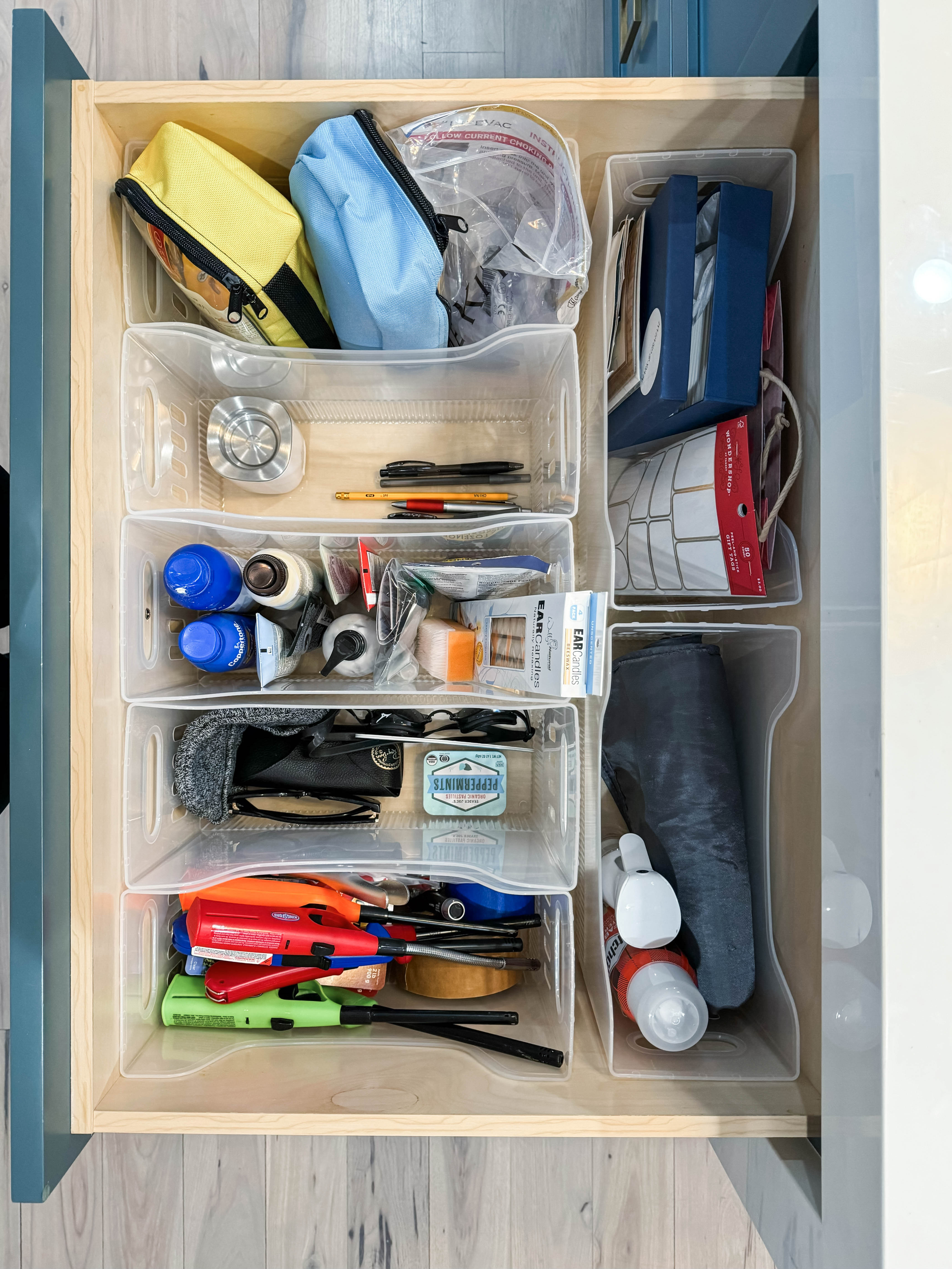 Every family kitchen has a junk drawer AND a drawer for kids homework, crafting or random items. The challenge in this kitchen is that every drawer is deep. 

This is easily solved with inexpensive multi-purpose bins. These come in a variety of widths and help contain items creating more order in these deep drawers. 

 #LTKmomlife #LTKHome