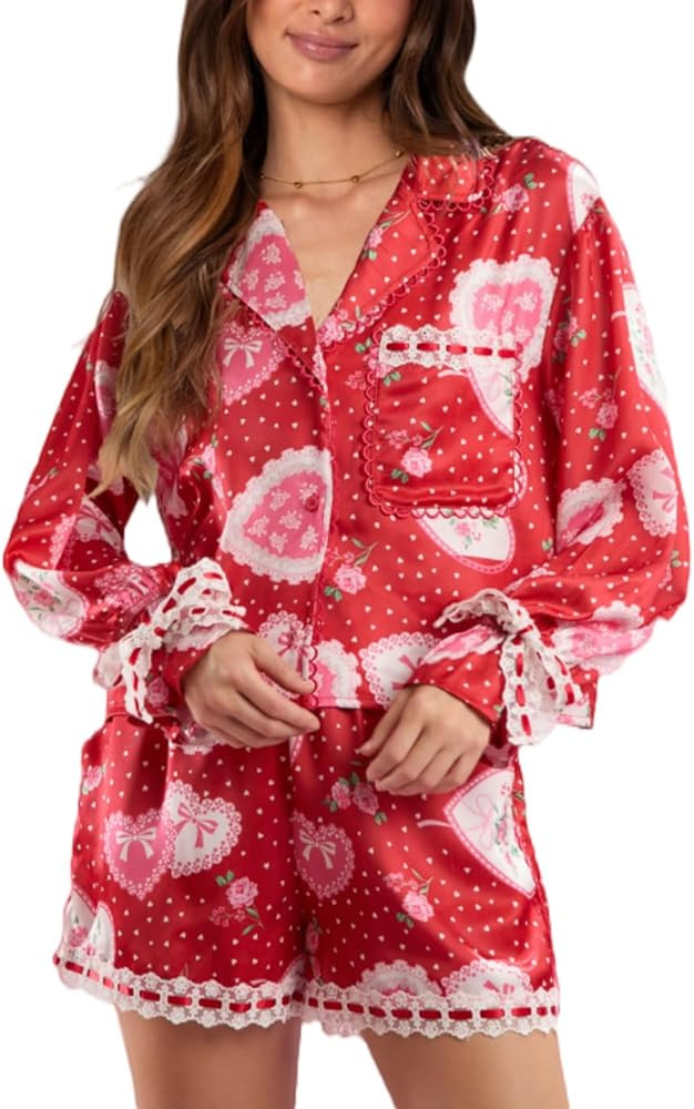 LILTWIST Cute Bow Pajamas for Women Silk Satin Y2k Floral Print 2 Piece Pjs Bow Tie Long Sleeve S... | Amazon (US)
