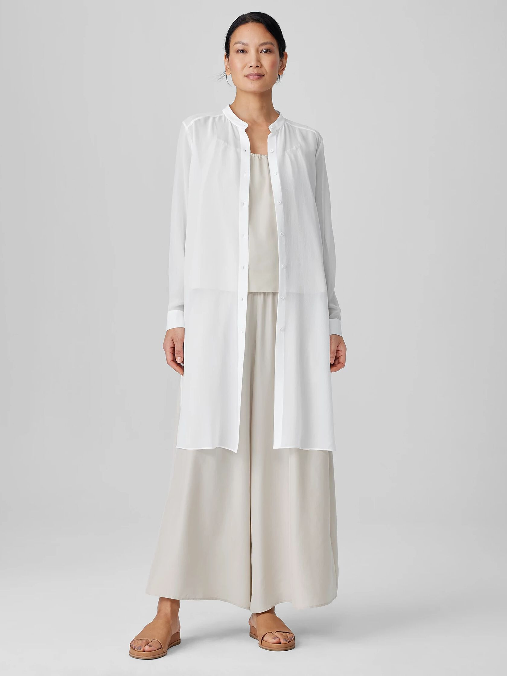 Sheer Silk Georgette Band Collar Shirt | Eileen Fisher