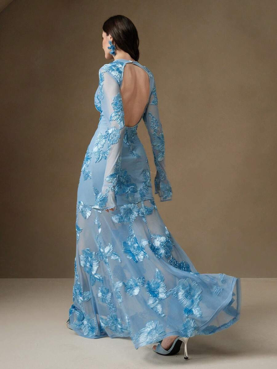 Anewsta Elegant Blue Floral Embroidery Backless Mermaid Bodycon Dress For Women Maxi Women Outfit | SHEIN