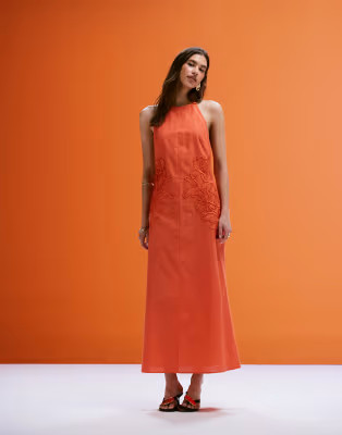 ASOS DESIGN low back halter midi dress with waist embroidery in orange | ASOS (Global)