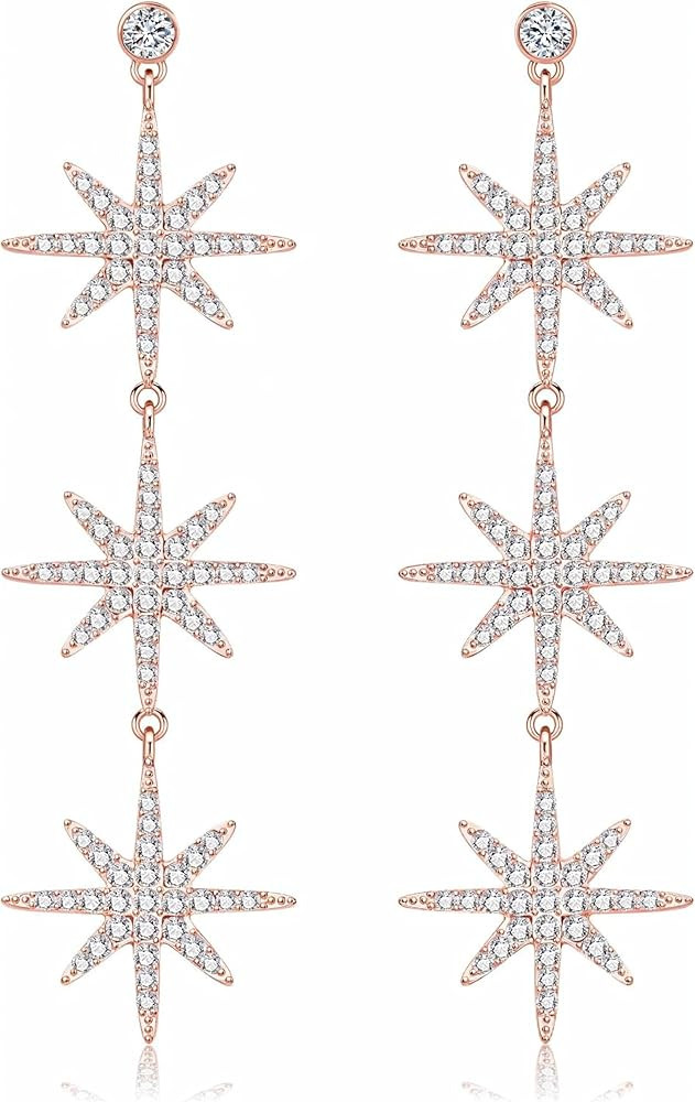 Blingsoul 3 Star Snowflake Earring - Silver Star Hexagonal Snowflakes Dangling Gold Bride Earring... | Amazon (US)