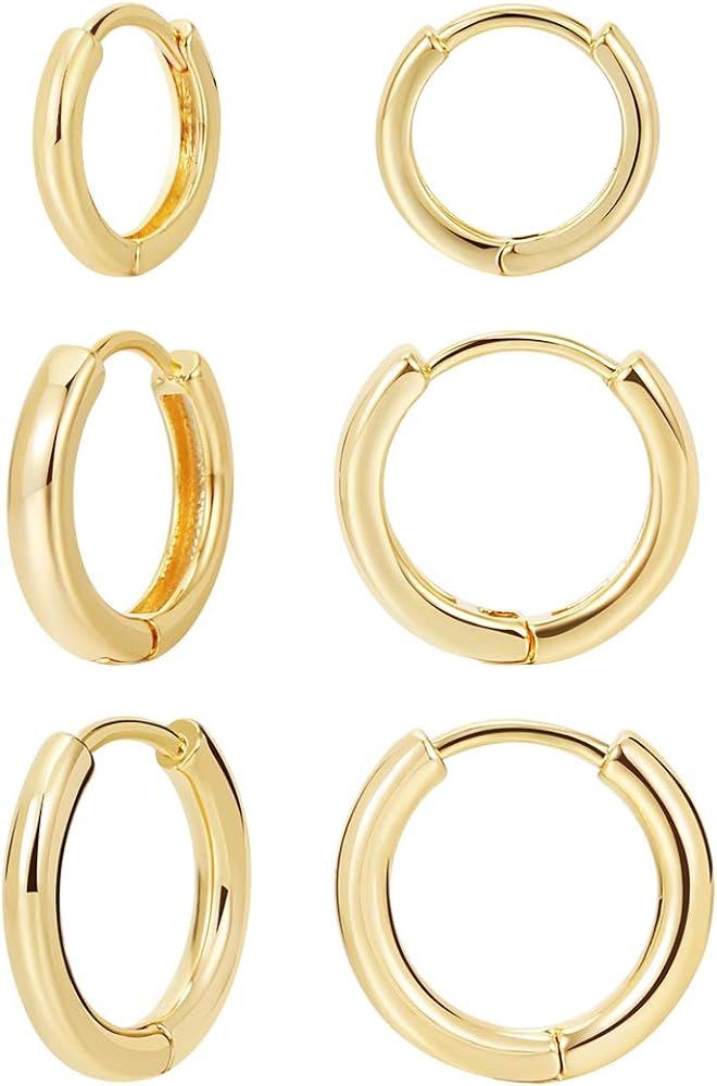 3 Pairs 14K Gold Plated Huggie Hoop Earrings for Women, Minimalist Gold Huggie Hoop Earrings, Simple | Amazon (US)