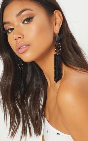 Black Beaded Tassel Earrings | PrettyLittleThing UK