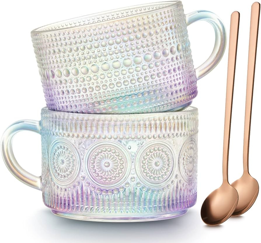 MFACOY Vintage Coffee Mugs Set of 2, 14 oz Iridescent Embossed Glass Tea Cups with Handle for Cap... | Amazon (US)