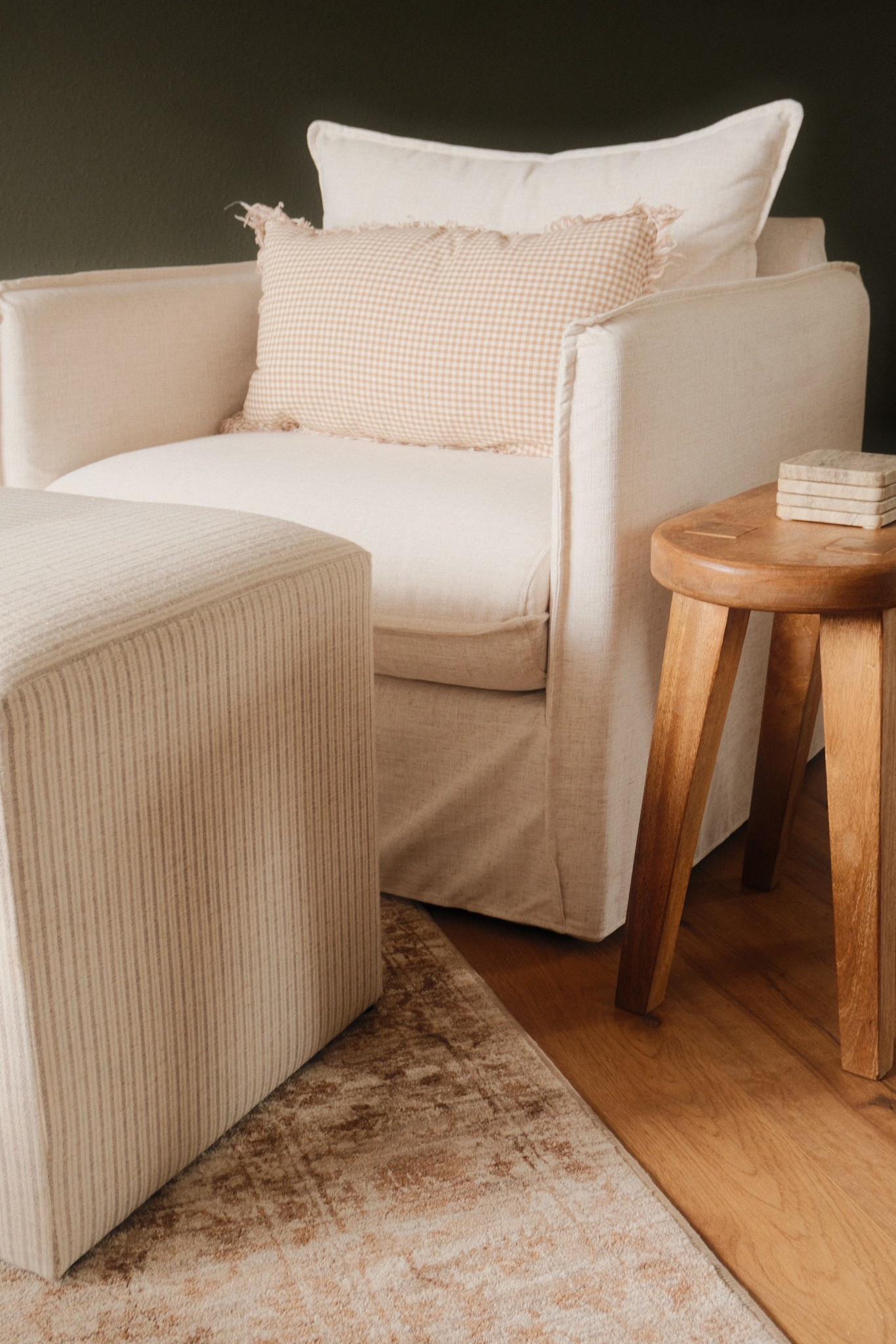 New coffee spot ☕️
Linen chair - linen 
Cube ottoman - tan stripe 

#LTKHome #LTKSaleAlert