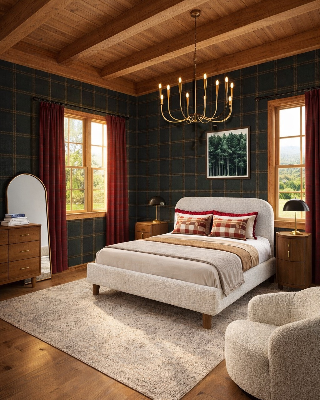Cabin-inspired bedroom design, white upholstered bed, metal chandelier, white accent chair, dresser and nightstands from Article, vintage style rug. Red plaid curtains and plaid wallpaper. #homedecor #bedroom

#LTKSeasonal #LTKHome #LTKSaleAlert