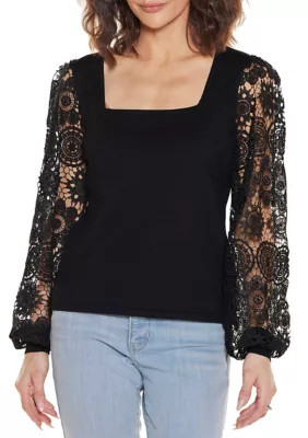 Belldini Women's Crochet Lace Blouson Sleeve Sweater, Black, Medium | Belk