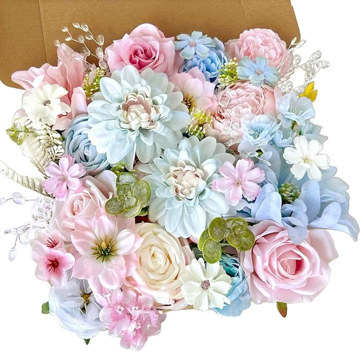 Artificial Flowers Combo Box Set Baby Blue Pink Silk Roses with Stems Crystal DIY Pastel Rainbow ... | Amazon (US)