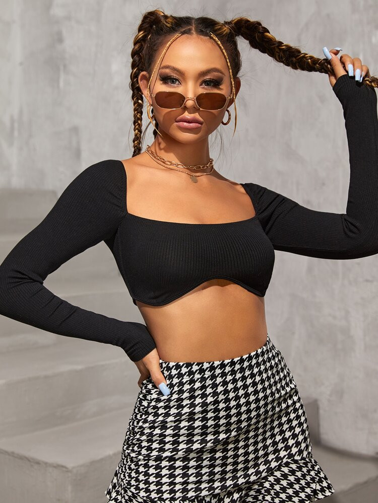 SHEIN PETITE Asymmetrical Hem Rib-Knit Crop Top | SHEIN