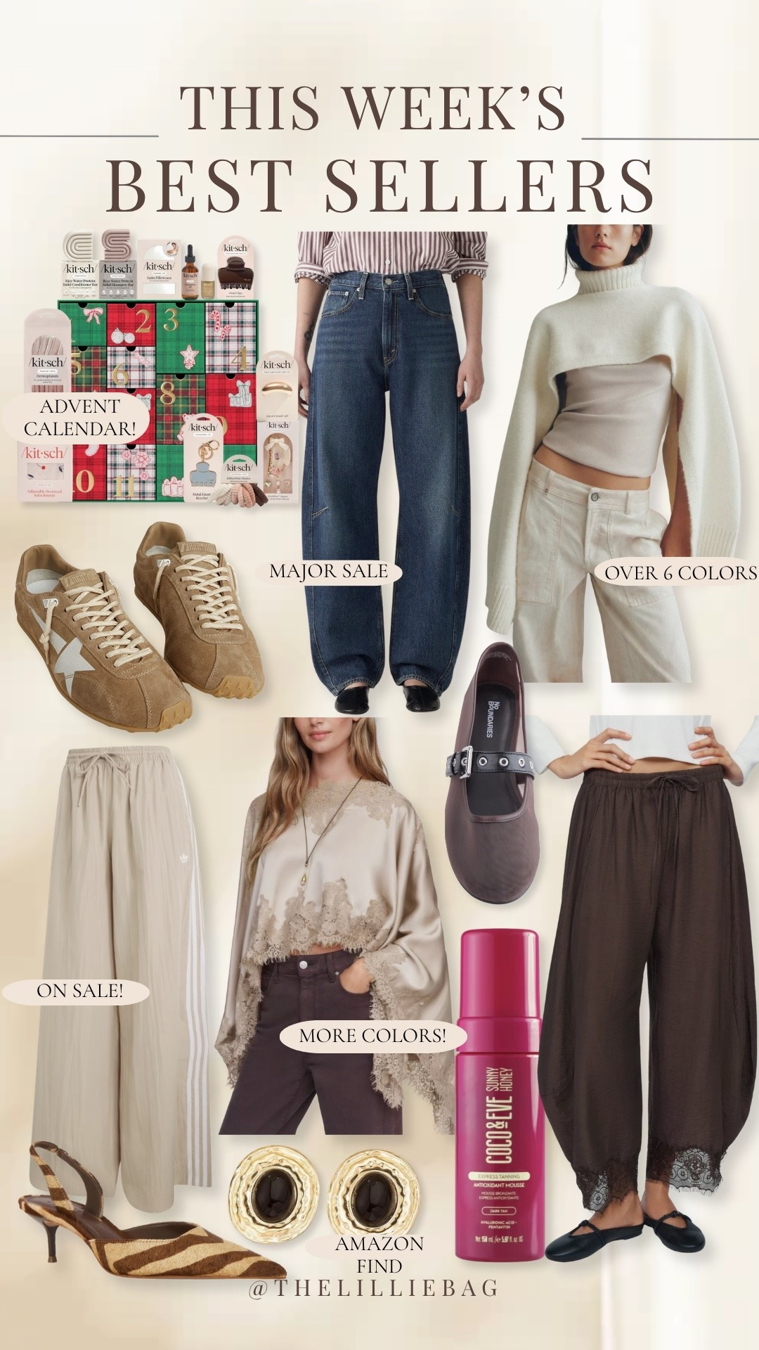 You guys had VERY good taste this week! 🤎 From the viral Kitsch advent calendar and the prettiest lace-trimmed pants to my favorite denim, Adidas track pants, and fall shoes, these are the pieces you’ve been shopping the most! A few are even on major sale right now! 🍂

Weekly best sellers, fall fashion 2026, trending fall outfits, women’s fall clothing, best selling fashion finds