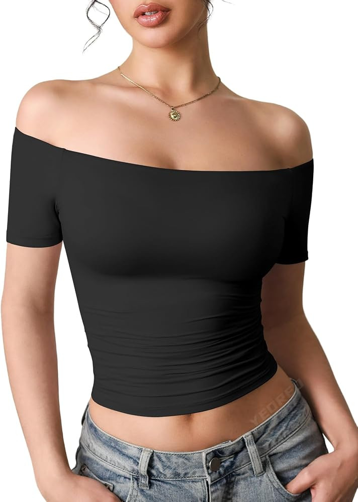 YEOREO Ease Women Off Shoulder Crop Top Double Lined Short Sleeve T-Shirts | Amazon (US)