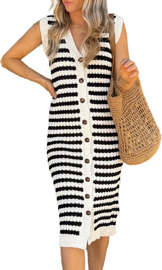 BLENCOT Women's V Neck Striped Summer Tank Dress Causal Sleeveless Button Cardigan Midi Cover Up ... | Amazon (US)