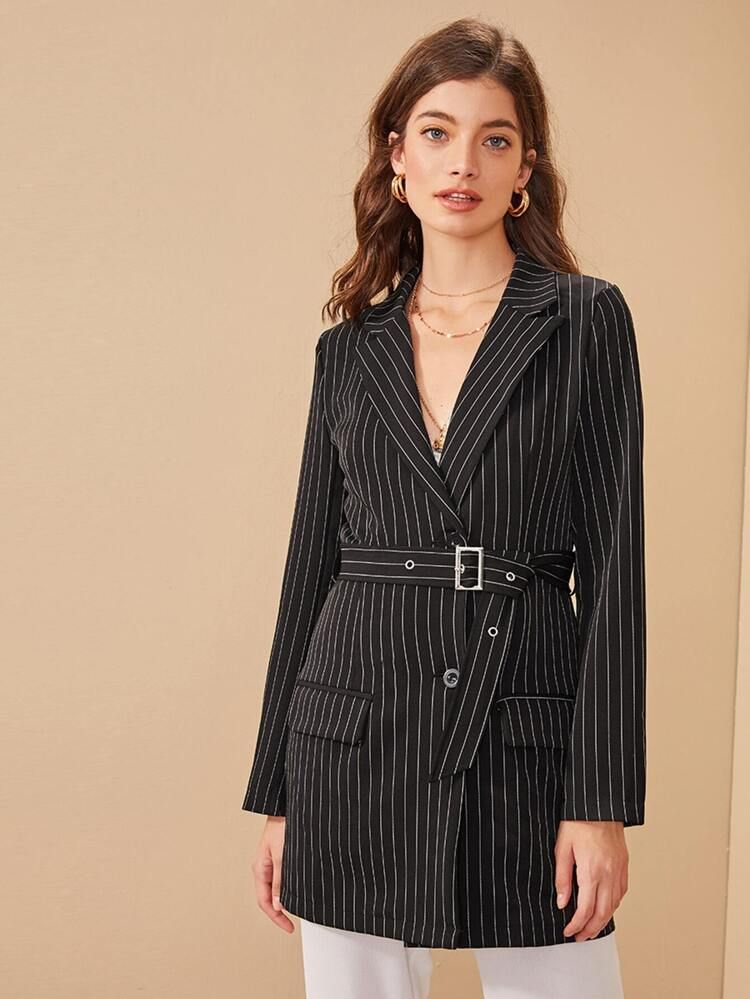 Striped Double Button Belted Blazer | SHEIN