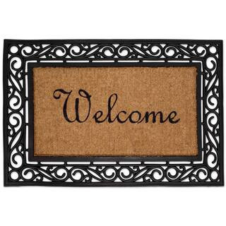 Welcome Brown 24 in. W x 36 in. L Rubber Moulded Brush Coir Door Mat with Scroll Border | The Home Depot