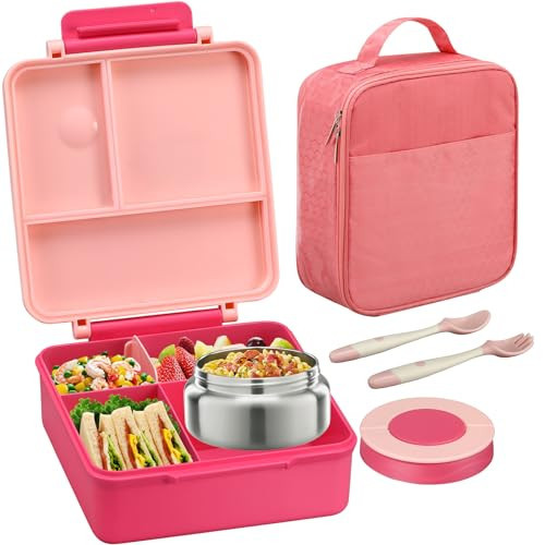 Bento Lunch Box for Girls with 8oz Soup Thermo & Lunch Bag, Leak-Proof Lunch Food Containers with 4 Compartment, Hot Food Insulated Food Jar for Kids School (Pink) | Amazon (US)