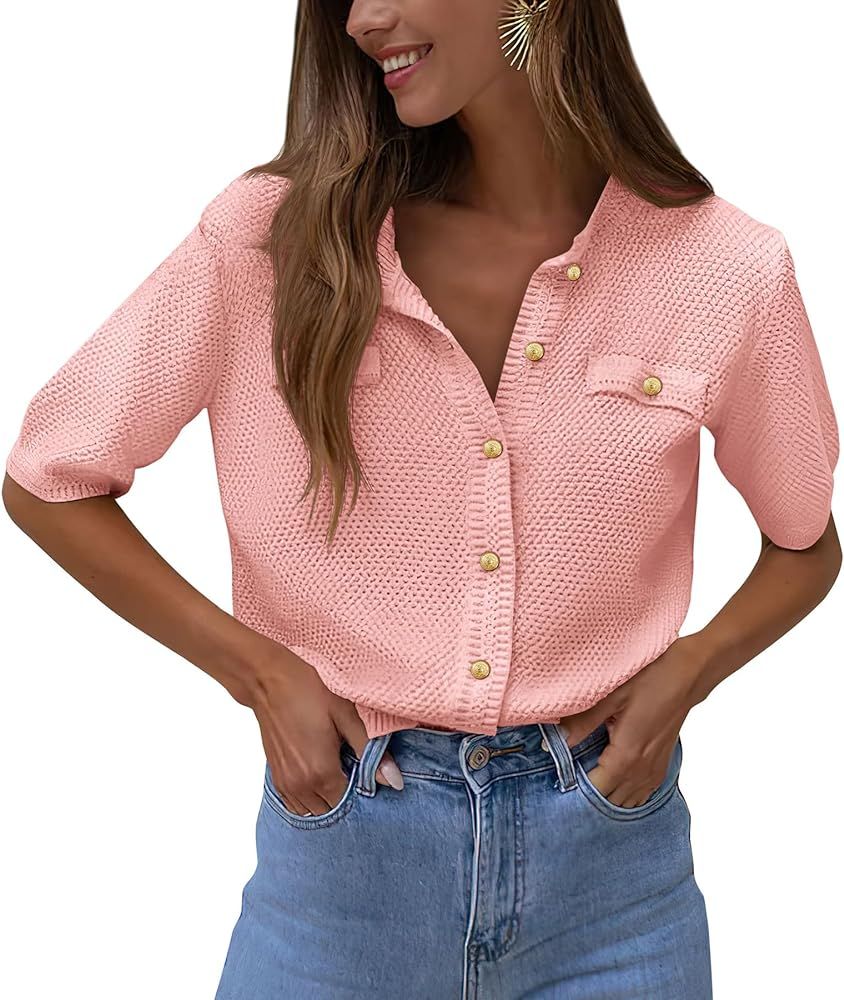 Pretty Garden Womens Summer Button Down Shirts Casual Short Sleeve Crew Neck Ribbed Knit Blouse T... | Amazon (US)