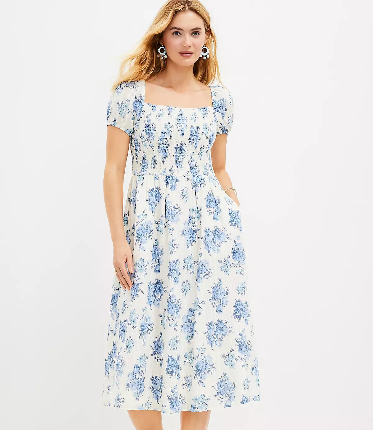 Floral Smocked Puff Sleeve Midi Pocket Dress | LOFT