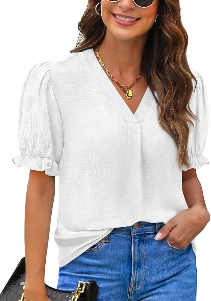Blouses for Women Dressy Casual Puff Short Sleeve Summer Tops V Neck Work Blouses | Amazon (US)