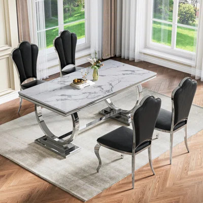 70”Marble Dining Table Set For 4,Modern 5-Piece Faux Marble Dining Table Set With 4 High-Backed Chairs, Luxury Kitchen Dining With Stainless Steel Ped | Wayfair North America